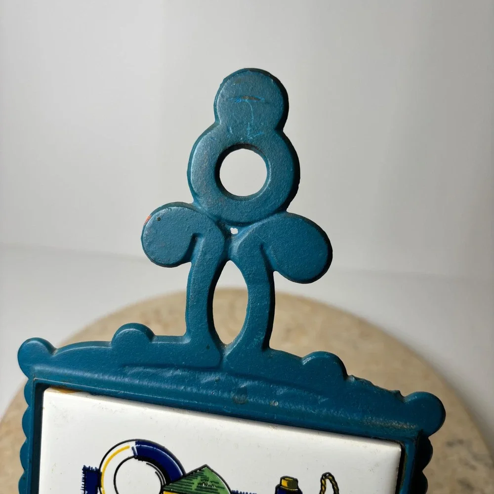 Vintage Italian Style Trivet Hot Pad‎ Cast Iron Teal Ceramic Tile